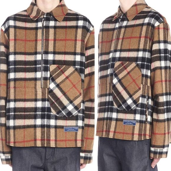 We11done Oversized Half-Zip Front Check British Wool Shirt Jacket Camel One Size - Picture 4 of 16